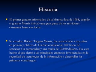 Historia El primer gusano informático de la historia data de 1988, cuando el gusano Morris infectó una gran parte de los servidores existentes hasta esa fecha.  Su creador, Robert Tappan Morris, fue sentenciado a tres años en prisión y obtuvo de libertad condicional, 400 horas de servicios a la comunidad y una multa de 10.050 dólares. Fue este hecho el que alertó a las principales empresas involucradas en la seguridad de tecnologías de la información a desarrollar los primeros cortafuegos. 