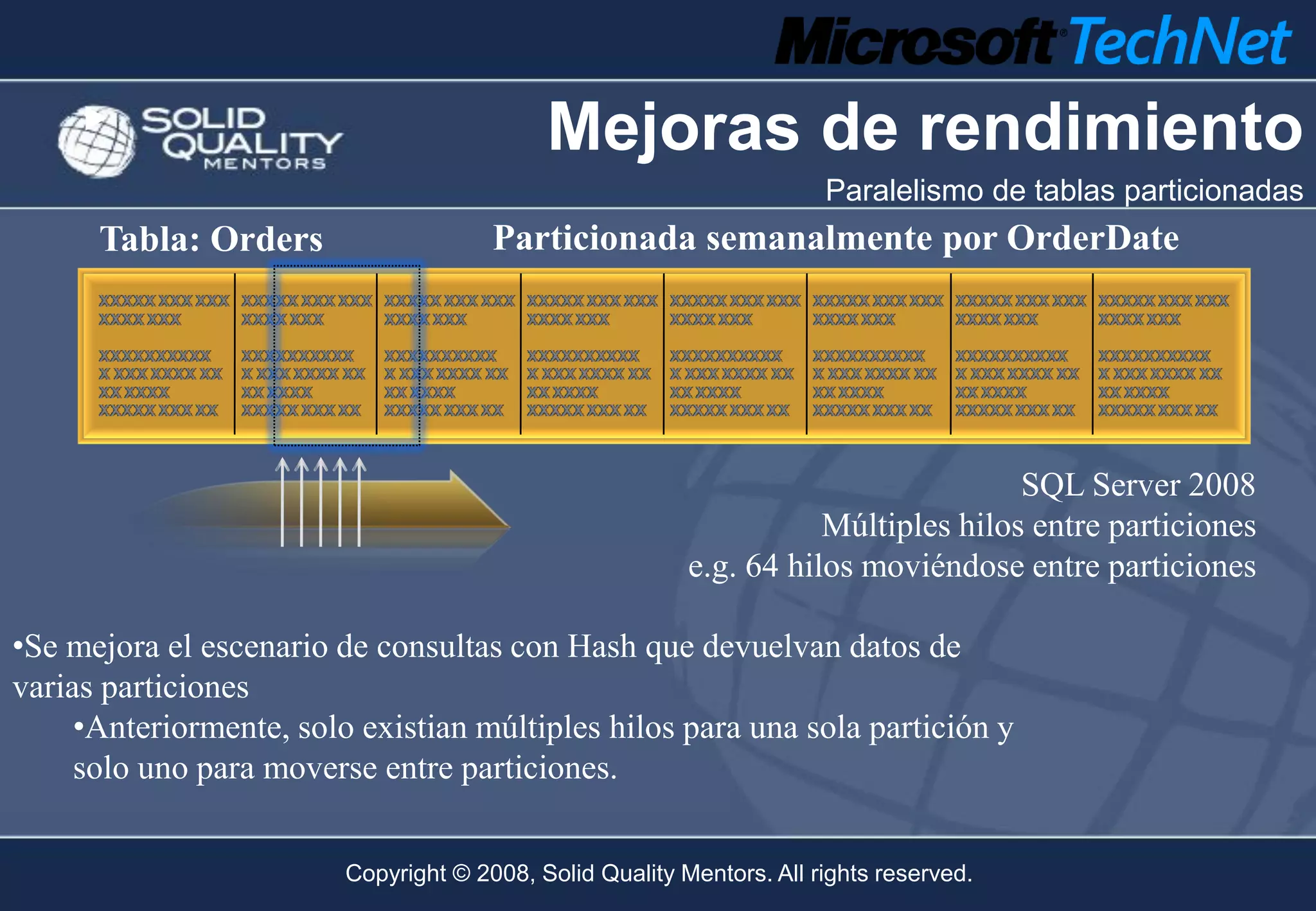 Mejoras de rendimiento
                                                                       Paralelismo de tablas particionadas
      Tabla: Orders                    Particionada semanalmente por OrderDate




                                                                                    SQL Server 2008
                                                                     Múltiples hilos entre particiones
                                                          e.g. 64 hilos moviéndose entre particiones

•Se mejora el escenario de consultas con Hash que devuelvan datos de
varias particiones
     •Anteriormente, solo existian múltiples hilos para una sola partición y
     solo uno para moverse entre particiones.


                         Copyright © 2008, Solid Quality Mentors. All rights reserved.
 