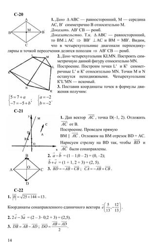 14
С-20
1. Дано ∆ АВС — равносторонний, М — середина
АС, В′ симметрично В относительно М.
Доказать. АВ′ СВ — ромб.
Доказательство. Т.к. ∆ АВС — равносторонний,
то ВМ ⊥ АС ⇒ ВВ′ ⊥ АС и ВМ = МВ′. Видим,
что в четырехугольнике диагонали перпендику-
лярны и точкой пересечения делятся пополам ⇒ АВ′ СВ — ромб.
2. Дано четырехугольник KLMN. Построить сим-
метричную данной фигуру относительно MN.
Построение. Построим точки L′ и К′ симмет-
ричные L′ и К′ относительно MN. Точки М и N
останутся неподвижными. Четырехугольник
К′L′MN — искомый.
3. Поставив координаты точек в формулы дви-
жения получим:
5 7 2
; .
7 5 2
а а
b b
⎧ ⎧
⎨ ⎨
⎩ ⎩
= + = −
− = − + = −
С-21
1. Дан вектор АС
uuur
, точка D(–1, 2). Отложить
АС
uuur
от В.
Построение. Проведем прямую
ВМ || АС
uuur
. Отложим на ВМ отрезок BD = AC.
Нарисуем стрелку на BD так, чтобы BD
uuur
и
АС
uuur
были сонаправлены.
2. а b−
r r
= (1 – 1;0 – 2) = (0, –2);
b c+
r r
= (1 + 1, 2 + 3) = (2, 5).
3. BD AB CB= − −
uuur uuur uuur
; CA AB CB= − +
uuur uuur uuur
.
С-22
1. 25 144 13b = + =
r
.
Координаты сонаправленного единичного вектора
5 12
,
13 13
е
⎛ ⎞
−⎜ ⎟
⎝ ⎠
r
.
2. 2 3с а−
r r
= (2 – 3⋅ 0;2 + 3) = (2,5).
3. DB AB AD= −
uuur uuur uuur
; .
2
AB AD
DO
−
=
uuur uuur
uuuur
А
В
С
В'М
А
В
С
D
О
 