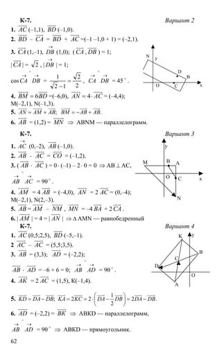 62
К-7. Вариант 2
1. АС
uuur
(–1,1), BD
uuur
(–1,0).
2. BD
uuur
– СА
uuur
= BD
uuur
+ АС
uuur
=(–1 –1,0 + 1) = (–2,1).
3. СА
uuur
(1,–1),
→
DB (1,0); ( СА
uuur
, DB
uuur
) = 1;
| СА
uuur
| = 2 , |
→
DB | = 1;
cos
→→
∧
DBCА =
2
2
12
1
=
−
,
→→
∧
DBCА = 45 o
.
4. 6ВМ BD=
uuuur uuur
=(–6,0), 4AN AC= ⋅
uuur uuur
= (–4,4);
М(–2,1), N(–1,3).
5. ;AN AM AB= +
uuur uuuur uuur
.ВM AB AB= − +
uuuur uuur uuur
6. АВ
uuur
= (1,2) = MN
uuuur
⇒ ABNM — параллелограмм.
К-7. Вариант 3
1.
→
АС (0,–2), АВ
uuur
(–1,0).
2. АВ
uuur
– АС
uuur
= СО
uuur
= (–1,2).
3. ( АВ
uuur
⋅ АС
uuur
) = 0⋅ (–1) – 2⋅ 0 = 0 ⇒ АВ ⊥ АС,
→→
∧
АСАВ = 90 o
.
4. АМ
uuuur
= 4 АВ
uuur
= (–4,0), AN
uuur
= 2 АС
uuur
= (0,–4);
М(–2,1), N(2,–3).
5. АВ
uuur
= АМ
uuuur
– NM
uuuur
, МN
uuuur
= –4 ВА
uuur
+ 2 СА
uuur
.
6. | АМ
uuuur
| = 4 = | AN
uuur
| ⇒ ∆ AМN — равнобедренный
К-7. Вариант 4
1. АС
uuur
(0,5;2,5), BD
uuur
(–5,–1).
2 АС
uuur
– АС
uuur
= (5,5;3,5).
3. АВ
uuur
= (3,3); AD
uuur
= (–2,2);
АВ
uuur
⋅ AD
uuur
= –6 + 6 = 0;
→→
∧
АDАВ = 90 o
.
4. АК
uuur
= 2 АС
uuur
= (1,5), К(–1,4).
5.
1
; 2 2 2 .
2
KD DA DB KA KC DA DB DA DB
⎛ ⎞
= − = = ⋅ − = −⎜ ⎟
⎝ ⎠
uuur uuur uuur uuur uuur uuur uuur uuur uuur
6. AD
uuur
= (–2,2) = ВК
uuur
⇒ АВКD — параллелограмм,
→→
∧
АDАВ = 90 o
⇒ АВКD — прямоугольник.
D
О х
yN
B
C
AМ
О х
y
N
B
C
D
О
A
yK
B
C
 