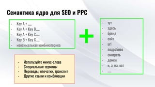 Семантика ядро для SEO и PPC
- Key A + …..
- Key A + Key B…..
- Key A + Key C…..
- Key B + Key C…..
- максимальная комбинаторика
- тут
- здесь
- бренд
- сайт
- url
- подробнее
- смотреть
- домен
- и, а, на, вот
- …..
- Используйте минус-слова
- Специальные термины
- Переводы, опечатки, транслит
- Другие языки и комбинации
 