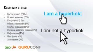 Ссылки и статьи
- Вы “источник” (28%)
- Отзывы и форумы (27%)
- Контрагенты (12%)
- Обзоры и листинги (9%)
- Ссылки из выдачи (8%)
- Рейтинги, каталоги, справки (6%)
- Инфоповоды (4%)
- Портфолио (4%)
- SEO-ссылки (2%)
 