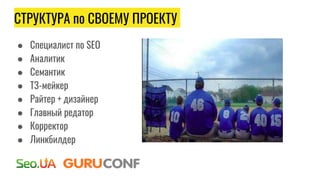 СТРУКТУРА по СВОЕМУ ПРОЕКТУ
● Специалист по SEO
● Аналитик
● Семантик
● ТЗ-мейкер
● Райтер + дизайнер
● Главный редатор
● Корректор
● Линкбилдер
 