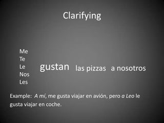 Clarifying
Me
Te
Le gustan las pizzas a nosotros
Nos
Les
Example: A mí, me gusta viajar en avión, pero a Leo le
gusta viajar en coche.