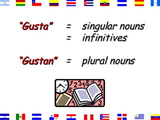“ Gusta” = singular nouns  = infinitives “ Gustan” = plural nouns  