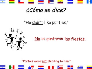 ¿Cómo se dice? 
“He didn’t like parties.” 
No le gustaron las fiestas. 
“Parties were not pleasing to him.” 
 