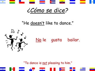 ¿Cómo se dice?
“He doesn’t like to dance.”
“To dance is not pleasing to him.”
bailar.
gusta
No le
 