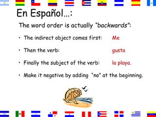 En Español…:
The word order is actually “backwards”:
• The indirect object comes first: Me
• Then the verb: gusta
• Finally the subject of the verb: la playa.
• Make it negative by adding “no” at the beginning.
 