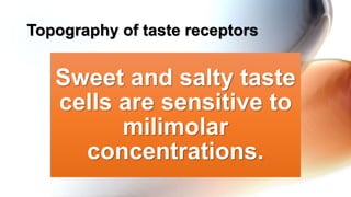 Sweet and salty taste
cells are sensitive to
milimolar
concentrations.
Topography of taste receptors
 
