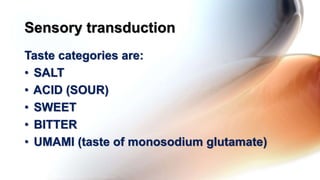 Taste categories are:
• SALT
• ACID (SOUR)
• SWEET
• BITTER
• UMAMI (taste of monosodium glutamate)
Sensory transduction
 