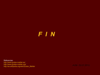 El 19 de septiembre de 1908, tuvo lugar el estreno de la Séptima Sinfonía en
Praga, el cual fue considerado como un éxito tanto de crítica como de público.

En el verano de 1909, Mahler trabajó en su Novena Sinfonía e hizo una gira
dirigiendo por los Países Bajos.

En el verano de 1910, Mahler realizó la primera representación de la Octava
Sinfonía en Múnich el 12 de septiembre, la última de sus obras estrenada en vida.
La ocasión fue un triunfo (según su biógrafo Robert Carr, “seguramente su mayor
éxito en vida”)

En ese mismo verano, Mahler trabajó en su Décima Sinfonía, completando el
Adagio y esbozando cuatro movimientos más. Junto con su esposa, regresó a
Nueva York en noviembre de ese año y se lanzó a una ajetreada temporada de
conciertos y giras con la Filarmónica.

En 1911, cayó enfermo y regresó a Europa. El 8 de abril, la familia y una enfermera
permanente abandonaron Nueva York a bordo del SS Amerika con destino a
Europa.

Llegaron a París diez días después, donde Mahler ingresó en una clínica de
Neuilly-sur-Seine, pero no tuvo mejoría. El 11 de mayo, fue trasladado en tren al
sanatorio Löw de Viena, donde falleció el día 18 de ese mismo mes.
 