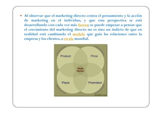 Al observar que el marketing directo centra el pensamiento y la acción
de marketing en el individuo, y que esta perspectiva se está
desarrollando con cada vez más fuerza; se puede empezar a pensar que
el crecimiento del marketing directo no es sino un indicio de que en
realidad está cambiando el modelo que guía las relaciones entre la
empresa y los clientes, a escala mundial.
 