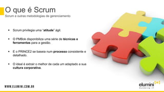  Scrum privilegia uma “atitude” ágil.
 O PMBok disponibiliza uma série de técnicas e
ferramentas para a gestão.
 E o PRINCE2 se baseia num processo consistente e
detalhado.
 O ideal é extrair o melhor de cada um adaptado a sua
cultura corporativa.
O que é Scrum
Scrum e outras metodologias de gerenciamento
 
