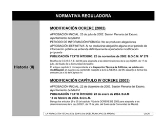 NORMATIVA REGULADORA

                    MODIFICACIÓN OCRERE (2002)
                    APROBACIÓN INICIAL: 25 de julio de 2002. Sesión Plenaria del Excmo.
                    Ayuntamiento de Madrid
                    PERIODO DE INFORMACIÓN PÚBLICA: No se producen alegaciones
                    APROBACIÓN DEFINITIVA: Al no producirse alegación alguna en el periodo de
                    información pública se entiende definitivamente aprobada la modificación
                    propuesta
                    PUBLICACIÓN TEXTO ÍNTEGRO: 22 de noviembre de 2002. B.O.C.M. Nº 278
                    Modifica la O.C.R.E.R.E. del 99 para adaptarla a las determinaciones de la Ley 9/2001, de 17 de
                    julio, del Suelo de la Comunidad de Madrid.
Historia (II)       El antiguo capítulo 3, correspondiente a la Inspección Técnica de Edificios, se publica sin
                    modificación en cuanto a su contenido respecto a la O.C.R.E.R.E. del 99, pasando a formar los
                    artículos 28 a 35 del Capítulo IV.


                    MODIFICACIÓN CAPÍTULO IV OCRERE (2003)
                    APROBACIÓN INICIAL: 22 de diciembre de 2003. Sesión Plenaria del Excmo.
                    Ayuntamiento de Madrid
                    PUBLICACIÓN TEXTO ÍNTEGRO: 22 de enero de 2004. B.A.M
                    13 de febrero de 2004. B.O.C.M.
                    Deroga los artículos 28 a 35 (el capítulo IV) de la OCRERE DE 2002 para adaptarla a las
                    determinaciones de la Ley 9/2001, de 17 de julio, del Suelo de la Comunidad de Madrid.



                LA INSPECCIÓN TÉCNICA DE EDIFICIOS EN EL MUNICIPIO DE MADRID                                   LGCR
 