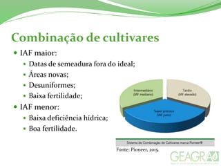 Combinação de cultivares
 IAF maior:
 Datas de semeadura fora do ideal;
 Áreas novas;
 Desuniformes;
 Baixa fertilidade;
 IAF menor:
 Baixa deficiência hídrica;
 Boa fertilidade.
Fonte: Pioneer, 2015.
 