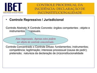 CONTROLE PROCESSUAL DA INCIDÊNCIA: DECLARAÇÃO DE INCONSTITUCIONALIDADE Controle Repressivo / Jurisdicional Controle Abstrato X Controle Concreto: órgãos competentes ; objeto e instrumentos processuais. Controle Concentrado x Controle Difuso: fundamentos; instrumentos; competência; legitimação; interesse processual (causa de pedir); pretensão;  natureza da declaração de (in)constitucionalidade Atos impessoais. Apenas estes podem ser objeto de controle concentrado. 