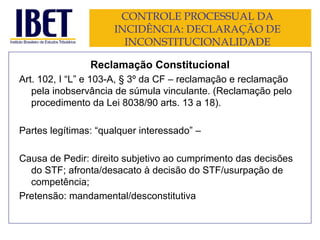 CONTROLE PROCESSUAL DA INCIDÊNCIA: DECLARAÇÃO DE INCONSTITUCIONALIDADE Reclamação Constitucional Art. 102, I “L” e 103-A, § 3º da CF – reclamação e reclamação pela inobservância de súmula vinculante. (Reclamação pelo procedimento da Lei 8038/90 arts. 13 a 18). Partes legítimas: “qualquer interessado” – Causa de Pedir: direito subjetivo ao cumprimento das decisões do STF; afronta/desacato à decisão do STF/usurpação de competência; Pretensão: mandamental/desconstitutiva 