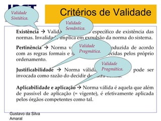 Critérios de Validade Gustavo da Silva Amaral Existência     Validade é o modo específico de existência das normas. Invalidade implica em expulsão da norma do sistema. Pertinência     Norma válida é aquela produzida de acordo com as regras formais e materiais estabelecidas pelos próprio ordenamento. Justificabilidade     Norma válida é aquela que pode ser invocada como razão do decidir de outra norma. Aplicabilidade e aplicação     Norma válida é aquela que além de passível de aplicação (= vigente), é efetivamente aplicada pelos órgãos competentes como tal. Validade Sintática. Validade Semântica. Validade Pragmática. Validade Pragmática. 