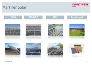 Martifer Solar

    SOLO         TELHADO   BIPV   Residencial




                                                5
 