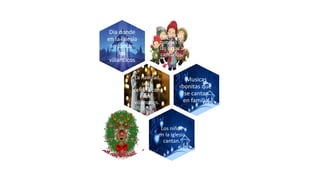 Salen a las
puertas de
las casas a
cantarlos.
Dia donde
en la iglesia
se cantan
los
villancicos
La navidad
se la
celebra con
los
villancicos.
Musicas
bonitas que
se cantan
en familia.
Los niños
en la iglesia
cantan.
 
