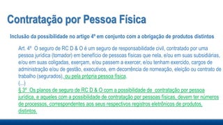 Contratação por Pessoa Física
Inclusão da possibilidade no artigo 4º em conjunto com a obrigação de produtos distintos
Art. 4º O seguro de RC D & O é um seguro de responsabilidade civil, contratado por uma
pessoa jurídica (tomador) em benefício de pessoas físicas que nela, e/ou em suas subsidiárias,
e/ou em suas coligadas, exerçam, e/ou passem a exercer, e/ou tenham exercido, cargos de
administração e/ou de gestão, executivos, em decorrência de nomeação, eleição ou contrato de
trabalho (segurados), ou pela própria pessoa física.
(...)
§ 3º Os planos de seguro de RC D & O com a possibilidade de contratação por pessoa
jurídica, e aqueles com a possibilidade de contratação por pessoas físicas, devem ter números
de processos, correspondentes aos seus respectivos registros eletrônicos de produtos,
distintos.
 