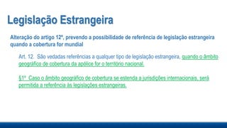Legislação Estrangeira
Alteração do artigo 12º, prevendo a possibilidade de referência de legislação estrangeira
quando a cobertura for mundial
Art. 12. São vedadas referências a qualquer tipo de legislação estrangeira, quando o âmbito
geográfico de cobertura da apólice for o território nacional.
§1º Caso o âmbito geográfico de cobertura se estenda a jurisdições internacionais, será
permitida a referência às legislações estrangeiras.
 