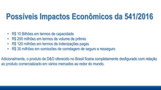 Possíveis Impactos Econômicos da 541/2016
• R$ 10 Bilhões em termos de capacidade
• R$ 200 milhões em termos de volume de prêmio
• R$ 120 milhões em termos de indenizações pagas
• R$ 30 milhões em comissões de corretagem de seguro e resseguro
Adicionalmente, o produto de D&O oferecido no Brasil ficaria completamente desfigurado com relação
ao produto comercializado em vários mercados ao redor do mundo.
 