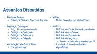 Assuntos Discutidos
• Custos de Defesa
• Cobertura Básica vs Cobertura Adicional
• Legislação Estrangeira
• Artigo 12 - vedação absoluta
• Definição de Sociedade
• Definição de Subsidiária
• Definição de Coligada
• Contratação pela Pessoa Física
• Por que restringir
• Multas
• Multas Contratuais vs Multas Cíveis
• All Risks
• Definição de Perda (Perdas Indenizáveis)
• Definição de Ato Danoso
• Definição de Reclamação
• Definição de Segurado
• Acordo de Indenidade vs cobertura “B”
• Permissão do uso de definições
equivalentes
 