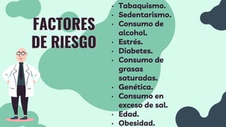FACTORES
DE RIESGO
• Tabaquismo.
• Sedentarismo.
• Consumo de
alcohol.
• Estrés.
• Diabetes.
• Consumo de
grasas
saturadas.
• Genética.
• Consumo en
exceso de sal.
• Edad.
• Obesidad.
 