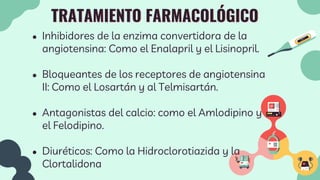 TRATAMIENTO FARMACOLÓGICO
● Inhibidores de la enzima convertidora de la
angiotensina: Como el Enalapril y el Lisinopril.
● Bloqueantes de los receptores de angiotensina
II: Como el Losartán y al Telmisartán.
● Antagonistas del calcio: como el Amlodipino y
el Felodipino.
● Diuréticos: Como la Hidroclorotiazida y la
Clortalidona
 