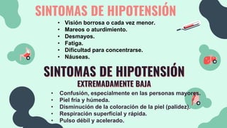 SINTOMAS DE HIPOTENSIÓN
EXTREMADAMENTE BAJA
• Confusión, especialmente en las personas mayores.
• Piel fría y húmeda.
• Disminución de la coloración de la piel (palidez).
• Respiración superficial y rápida.
• Pulso débil y acelerado.
SINTOMAS DE HIPOTENSIÓN
• Visión borrosa o cada vez menor.
• Mareos o aturdimiento.
• Desmayos.
• Fatiga.
• Dificultad para concentrarse.
• Náuseas.
 