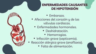 ENFERMEDADES CAUSANTES
DE HIPOTENSIÓN
• Embarazo.
• Afecciones del corazón y de las
válvulas cardiacas.
• Enfermedades hormonales.
• Deshidratación.
• Hemorragias.
• Infección grave (septicemia).
• Reacción alérgica grave (anafilaxia).
• Falta de alimentación.
 