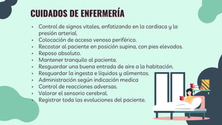 CUIDADOS DE ENFERMERÍA
• Control de signos vitales, enfatizando en la cardiaca y la
presión arterial.
• Colocación de acceso venoso periférico.
• Recostar al paciente en posición supina, con pies elevados.
• Reposo absoluto.
• Mantener tranquilo al paciente.
• Resguardar una buena entrada de aire a la habitación.
• Resguardar la ingesta e líquidos y alimentos.
• Administración según indicación medica
• Control de reacciones adversas.
• Valorar el sensorio cerebral.
• Registrar toda las evoluciones del paciente.
 
