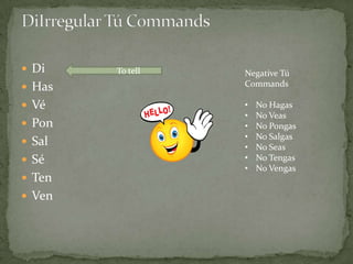  Di    To tell   Negative Tú
 Has             Commands

 Vé              •   No Hagas
                  •   No Veas
 Pon             •   No Pongas
                  •   No Salgas
 Sal             •   No Seas
 Sé              •   No Tengas
                  •   No Vengas
 Ten
 Ven
 