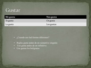 Me gusta                                     Nos gusta
Te gusta                                     Os gusta
Le gusta                                     Les gustas




           • ¿Cuando uso lad formas diferentes?

           • Reglas gusta andes de un sustantivo singular.
           • Usa gusta andes de un infinitivo
           • Usa gurtan los boligratos
 