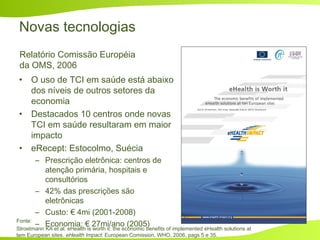 Novas tecnologias
• O uso de TCI em saúde está abaixo
dos níveis de outros setores da
economia
• Destacados 10 centros onde novas
TCI em saúde resultaram em maior
impacto
• eRecept: Estocolmo, Suécia
– Prescrição eletrônica: centros de
atenção primária, hospitais e
consultórios
– 42% das prescrições são
eletrônicas
– Custo: € 4mi (2001-2008)
– Economia: € 27mi/ano (2005)
Relatório Comissão Européia
da OMS, 2006
Fonte:
Stroetmann KA et al. eHealth is worth it: the economic benefits of implemented eHealth solutions at
tem European sites. eHealth Impact. European Comission, WHO, 2006, pags 5 e 35.
 