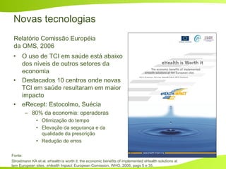 Novas tecnologias
• O uso de TCI em saúde está abaixo
dos níveis de outros setores da
economia
• Destacados 10 centros onde novas
TCI em saúde resultaram em maior
impacto
• eRecept: Estocolmo, Suécia
– 80% da economia: operadoras
• Otimização do tempo
• Elevação da segurança e da
qualidade da prescrição
• Redução de erros
Relatório Comissão Européia
da OMS, 2006
Fonte:
Stroetmann KA et al. eHealth is worth it: the economic benefits of implemented eHealth solutions at
tem European sites. eHealth Impact. European Comission, WHO, 2006, pags 5 e 35.
 