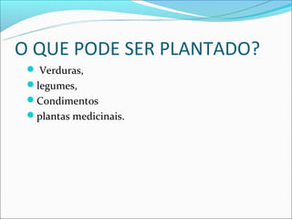 O QUE PODE SER PLANTADO?
  Verduras,
 legumes,
 Condimentos
 plantas medicinais.
 