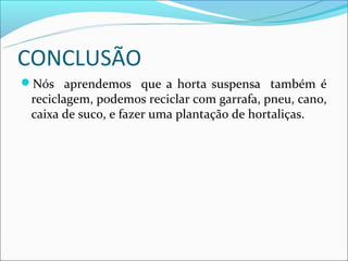 CONCLUSÃO
Nós aprendemos que a horta suspensa também é
 reciclagem, podemos reciclar com garrafa, pneu, cano,
 caixa de suco, e fazer uma plantação de hortaliças.
 