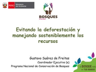 Evitando la deforestación y 
manejando sosteniblemente los 
recursos 
Gustavo Suárez de Freitas 
Coordinador Ejecutivo (e) 
Programa Nacional de Conservación de Bosques 
 