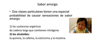 • Dos clases particulares tienen una especial
probabilidad de causar sensaciones de sabor
amargo:
1) las sustancias orgánicas
de cadena larga que contienen nitrógeno
2) los alcaloides:
la quinina, la cafeína, la estricnina y la nicotina.
Sabor amargo
 