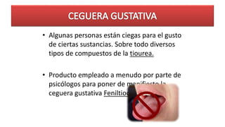 • Algunas personas están ciegas para el gusto
de ciertas sustancias. Sobre todo diversos
tipos de compuestos de la tiourea.
• Producto empleado a menudo por parte de
psicólogos para poner de manifiesto la
ceguera gustativa Feniltiocarbamida.
 