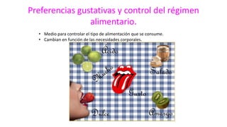 Preferencias gustativas y control del régimen
alimentario.
• Medio para controlar el tipo de alimentación que se consume.
• Cambian en función de las necesidades corporales.
 