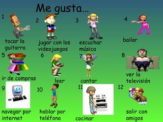 1

Me gusta…
2

tocar la
guitarra
5

jugar con los
videojuegos
6

ir de compras
9

navegar por
internet

4

3

leer
10

hablar por
teléfono

escuchar
música
7

cantar
11

cocinar

bailar
8

12

ver la
televisión

salir con
amigos

 