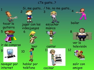 ¿Te gusta…?
1

Si, me gusta… / No, no me gusta…
4
2
3

tocar la
guitarra
5

jugar con los
videojuegos
6

ir de compras
9

navegar por
internet

leer
10

hablar por
teléfono

escuchar
música
7

cantar
11

cocinar

bailar
8

12

ver la
televisión

salir con
amigos

 