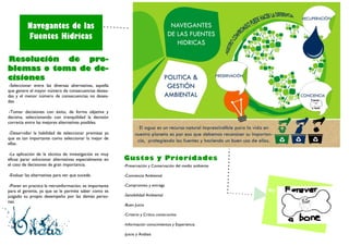 Navegantes de las
          Fuentes Hídricas

Resolución de pro-
blemas o toma de de-
cisiones
-Seleccionar entre las diversas alternativas, aquella
que genere el mayor número de consecuencias desea-
das y el menor número de consecuencias no desea-
das.

-Tomar decisiones con éxito, de forma objetiva y
decisiva, seleccionando con tranquilidad la decisión
correcta entre las mejores alternativas posibles.

-Desarrollar la habilidad de seleccionar premisas ya
que es tan importante como seleccionar la mejor de
ellas.

-La aplicación de la técnica de investigación es muy
eficaz parar solucionar alternativas especialmente en    Gustos y Prioridades
el caso de decisiones de gran importancia.               -Preservación y Conservación del medio ambiente

-Evaluar las alternativas para ver que sucede.           -Conciencia Ambiental

 -Poner en practica la retroinformación, es importante   -Compromiso y entrega
para el gerente, ya que se le permite saber como es                                                        By:
juzgado su propio desempeño por las demás perso-         -Sensibilidad Ambiental
nas.
                                                         -Buen Juicio

                                                         -Criterio y Critica constructiva

                                                         -Información conocimientos y Experiencia

                                                         -Juicio y Análisis
 