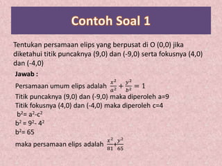 Tentukan persamaan elips yang berpusat di O (0,0) jika
diketahui titik puncaknya (9,0) dan (-9,0) serta fokusnya (4,0)
dan (-4,0)
 