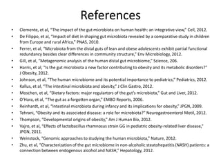 References
• Clemente, et al, “The impact of the gut microbiota on human health: an integrative view,” Cell, 2012.
• De Filippo, et al, “Impact of diet in shaping gut microbiota revealed by a comparative study in children
from Europe and rural Africa,” PNAS, 2010.
• Ferrer, et al, “Microbiota from the distal guts of lean and obese adolescents exhibit partial functional
redundancy besides clear differences in community structure,” Env Microbiology, 2012.
• Gill, et al, “Metagenomic analysis of the human distal gut microbiome,” Science, 206.
• Harris, et al, “Is the gut microbiota a new factor contributing to obesity and its metabolic disorders?”
J Obesity, 2012.
• Johnson, et al, “The human microbiome and its potential importance to pediatrics,” Pediatrics, 2012.
• Kallus, et al, “The intestinal microbiota and obesity,” J Clin Gastro, 2012.
• Moschen, et al, “Dietary factors: major regulartors of the gut’s microbiota,” Gut and Liver, 2012.
• O’Hara, et al, “The gut as a forgotten organ,” EMBO Reports, 2006.
• Reinhardt, et al, “Intestinal microbiota during infancy and its implications for obesity,” JPGN, 2009.
• Tehrani, “Obesity and its associated disease: a role for microbiota?” Neurogastroenterol Motil, 2012.
• Thompson, “Developmental origins of obesity,” Am J Human Bio, 2012.
• Vajro, et al, “Effects of lactobacillus rhamnosus strain GG in pediatric obesity-related liver disease,”
JPGN, 2011.
• Weinstock, “Genomic approaches to studying the human microbiota,” Nature, 2012.
• Zhu, et al, “Characterization of the gut microbiome in non-alcoholic steatohepatitis (NASH) patients: a
connection between endogenous alcohol and NASH,” Hepatology, 2012.
 