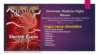 Electronic Medicine Fights
Disease
Stimulation of the nervous system could replace drugs for
inflammatory and autoimmune conditions
•By Kevin J. Tracey
Vagus nerve stimulation
• Rheumatoid arthritis
• Inflammatory bowel disease
• Asthma
• Diabetes
• Obesity
• Migraines
• Seizures
• Depression
Tracey KJ. Scientific American cover from March 2015.
 