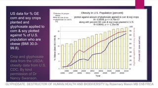 GLYPHOSATE: DESTRUCTOR OF HUMAN HEALTH AND BIODIVERSITY by Rosemary Mason MB ChB FRCA
US data for % GE
corn and soy crops
planted and
glyphosate applied to
corn & soy plotted
against % of U.S.
population who are
obese (BMI 30.0-
99.8).
Crop and glyphosate
data from the USDA;
obesity data from U.S.
CDC. By kind
permission of Dr
Nancy Swanson.
 